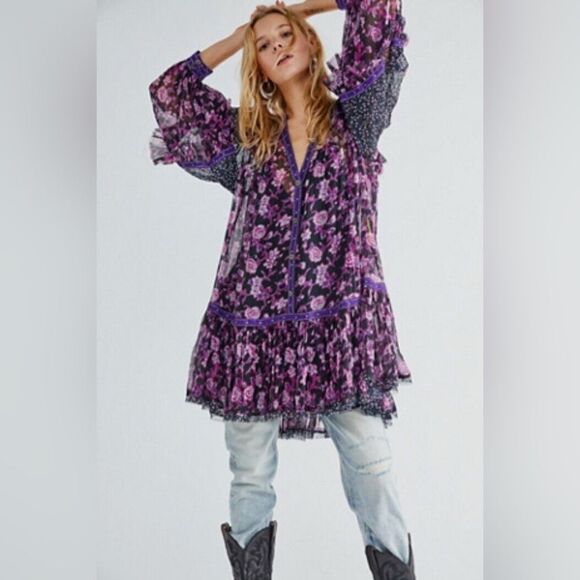 Free People Mini Dress Rosebuds Button Front Flowy Silhouette Oversized SZ XS-M - Picture 2 of 15
